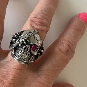 Silver Pirate skull ring, red crystal eye, crystal band crowns,size 8.5,perfect!